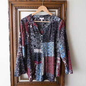 DB Peasant Blouse Size 1X Patchwork Print Pleated Long Sleeve Popover Top Boho